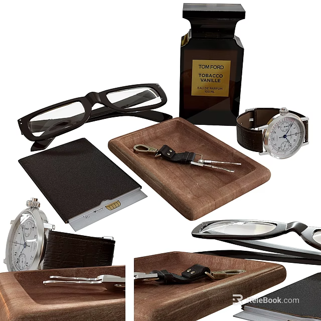 Accessories Decoration Set With Eyeglasses Perfume Bottle Watch Keychain Wooden Tray And Leather Wallet 3d model 