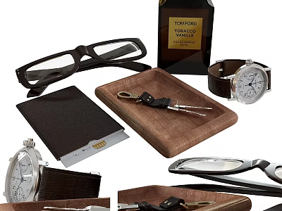 Accessories Decoration Set With Eyeglasses Perfume Bottle Watch Keychain Wooden Tray And Leather Wallet 3d model