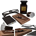 Accessories Decoration Set With Eyeglasses Perfume Bottle Watch Keychain Wooden Tray And Leather Wallet