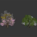 Colorful Trees with Yellow White Green Pink and Gray Foliage on Dark Background
