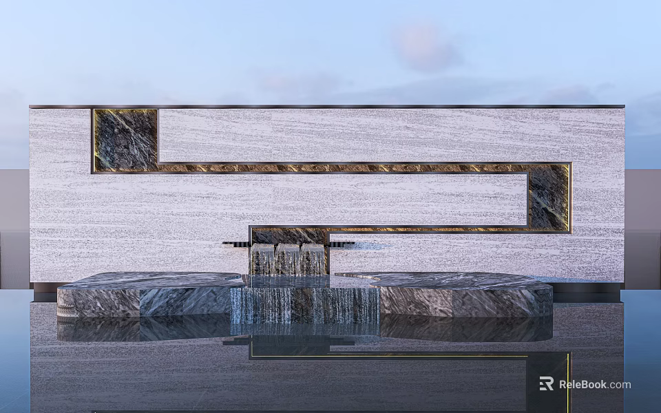 Outdoor Marble Scenic Wall Design With Waterfall Feature And Sky Reflection 3d model