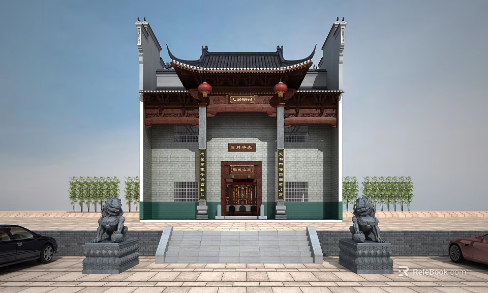 Ancient Chinese Architecture With Stone Lions Red Lanterns Eaves Roof And Wooden Door 3d model 