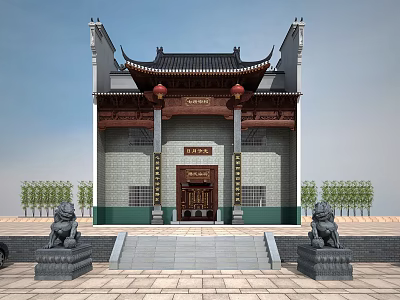 Ancient Chinese Architecture With Stone Lions Red Lanterns Eaves Roof And Wooden Door 3d model