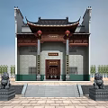 Ancient Chinese Architecture With Stone Lions Red Lanterns Eaves Roof And Wooden Door