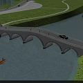 Arched Bridge Over River With Vehicles Pedestrians Green Surroundings Lighting Reflection And Boats