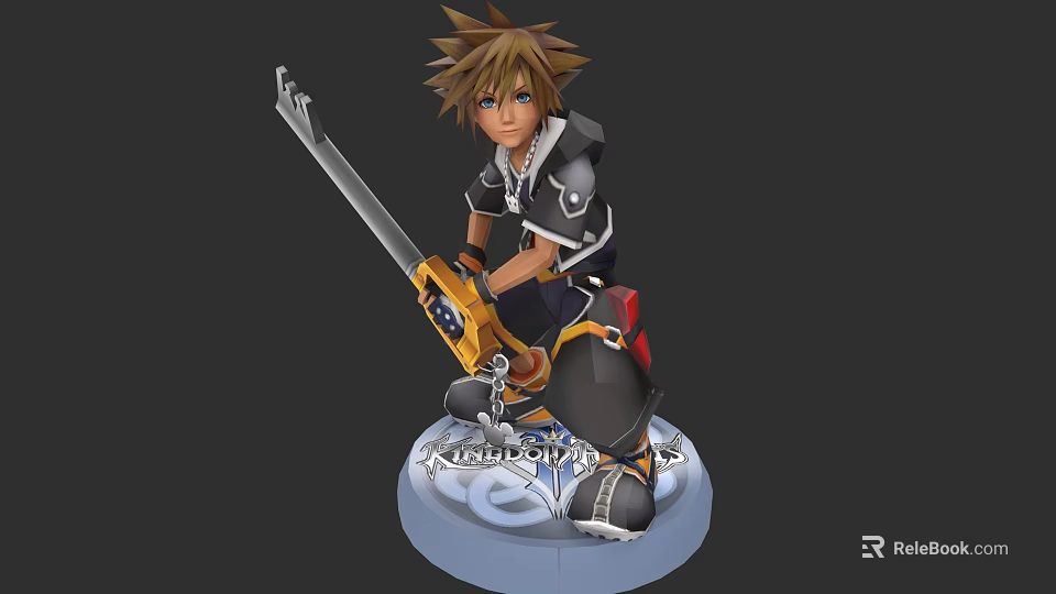 Game Character Figurine With Spiky Brown Hair Blue Eyes Key Shaped Weapon Black White Outfit Kneeling On Decorative Base 3d model 