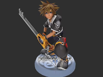 Game Character Figurine With Spiky Brown Hair Blue Eyes Key Shaped Weapon Black White Outfit Kneeling On Decorative Base 3d model
