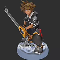 Game Character Figurine With Spiky Brown Hair Blue Eyes Key Shaped Weapon Black White Outfit Kneeling On Decorative Base