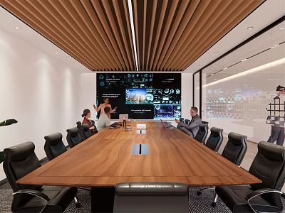 Modern Conference Room With Wooden Slatted Ceiling Table Black Chairs Large Screen Data 3d model