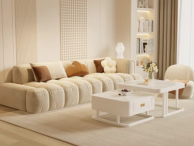 Modern Beige Sofa with Brown Beige Pillows and White Coffee Table Set in Light Living Room 3d model