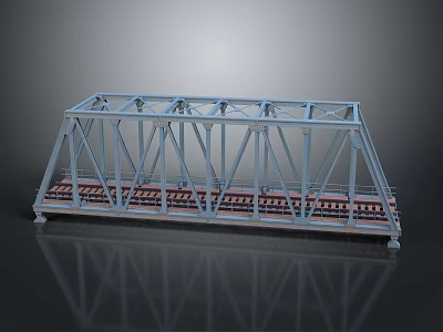 Metal Railway Bridge Model with Steel Frame Structure and Rail Tracks on Reflective Surface 3d model