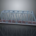 Metal Railway Bridge Model with Steel Frame Structure and Rail Tracks on Reflective Surface