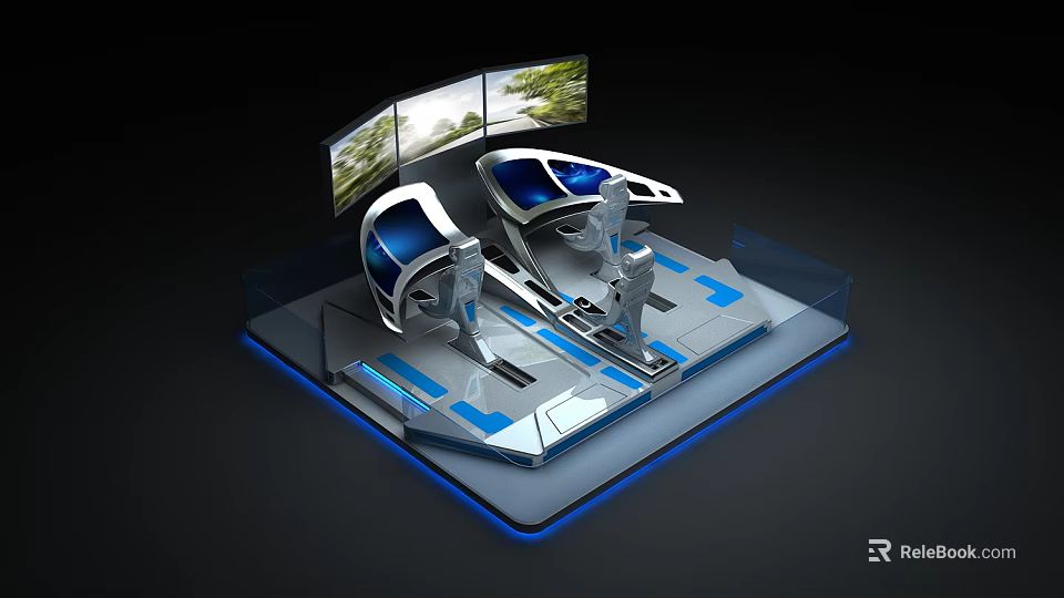 Futuristic Control Station With Dual Seats Multiple Screens Natural Landscape Display And Blue Lighting 3d model 
