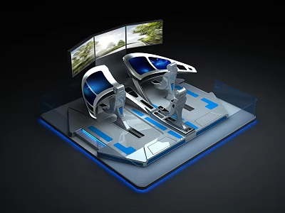 Futuristic Control Station With Dual Seats Multiple Screens Natural Landscape Display And Blue Lighting 3d model