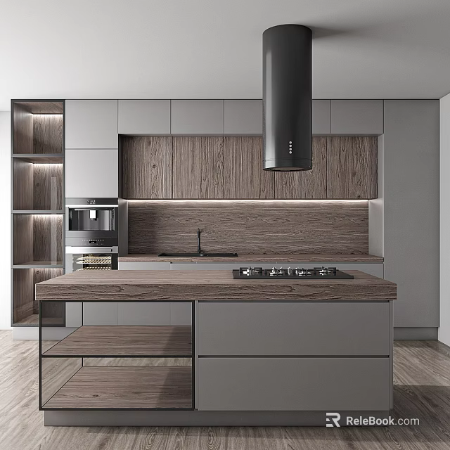 Modern Kitchen Interior Design With Wooden Island Counter Cabinets And Range Hood 3d model 