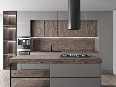 Modern Kitchen Interior Design With Wooden Island Counter Cabinets And Range Hood 3d model