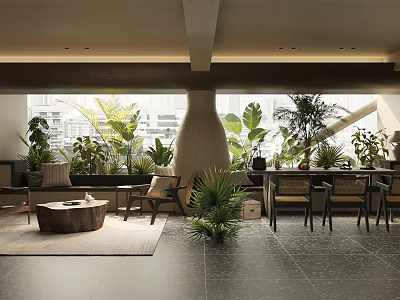 Modern Elegant Hotel Public Lounge with Large Windows Green Plants Sofas Coffee Tables and Chairs 3d model