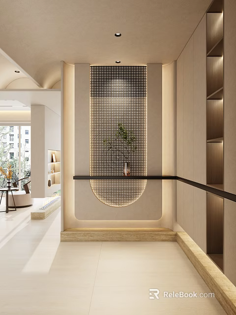Modern Foyer Hallway With Perforated Screen And Green Plant 3d model 