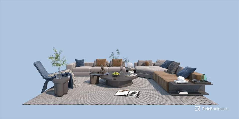 Modern L Shaped Sofa And Coffee Table Set With Throw Pillows Potted Plants And Rug 3d model