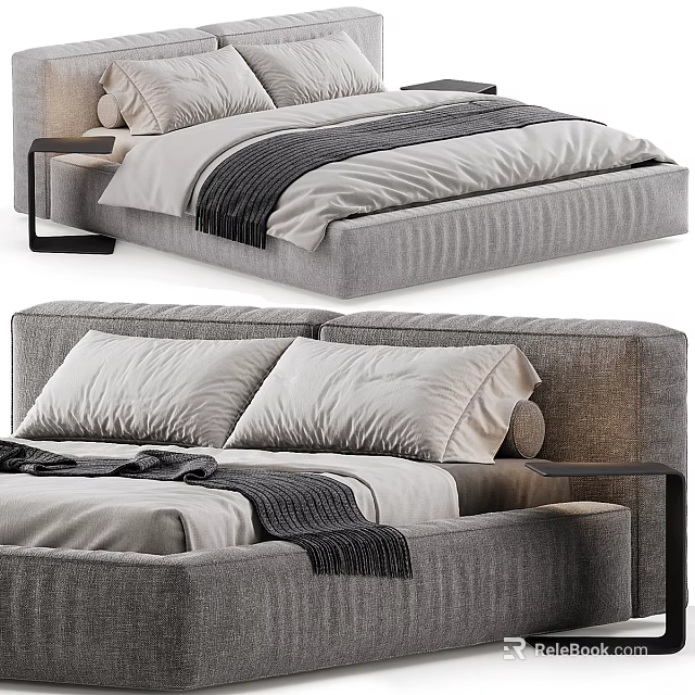 Modern Upholstered Gray Double Bed With Soft Pillows Throw Blanket And Side Table 3d model