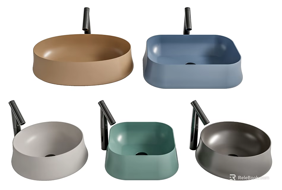 Multiple Modern Washbasins In Various Colors Round And Square Shapes With Black Faucets 3d model 