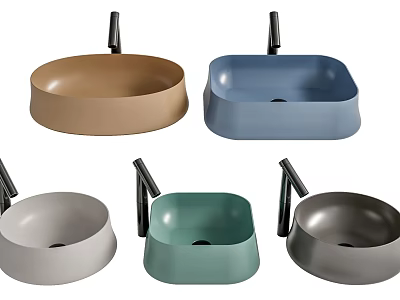 Multiple Modern Washbasins In Various Colors Round And Square Shapes With Black Faucets 3d model