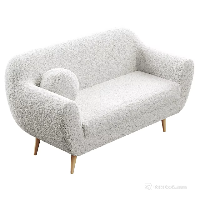 Light Gray Fluffy Sofa With Curved Armrests Wooden Legs And Modern Cozy Design 3d model 