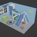 Cartoon Kids Room Scene with Bunk Bed Slide Play Tent and Star Moon Wall Decor