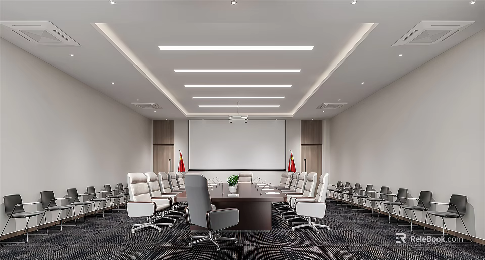 Modern Conference Room Interior With Long Table White Chairs Projection Screen And Flags 3d model