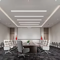 Modern Conference Room Interior With Long Table White Chairs Projection Screen And Flags 3d model