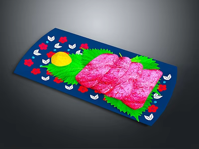 Pink Meat Slices on Green Leaves Blue Tray with Red White Flowers and Yellow Circle 3d model