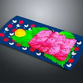 Pink Meat Slices on Green Leaves Blue Tray with Red White Flowers and Yellow Circle