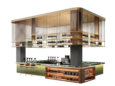 Modern Bar Design With Metal Mesh Frame Wine Racks Wine Bottles And Bar Stools 3d model