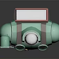 Mechanical Character in Green Armor with Red Details Shoulder Mount Standing Pose on Dark Background