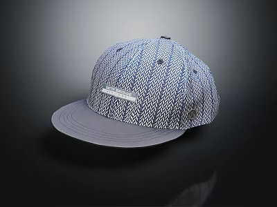 Blue Gray Geometric Pattern Woven Hat With Flat Brim And Front Label Detail 3d model