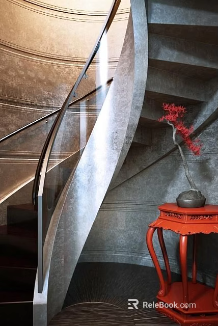Spiral Staircase With Glass Railing Gray Concrete Design Red Side Table Black Vase Red Flowers 3d model 