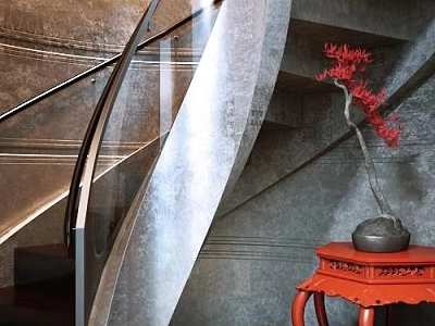 Spiral Staircase With Glass Railing Gray Concrete Design Red Side Table Black Vase Red Flowers 3d model
