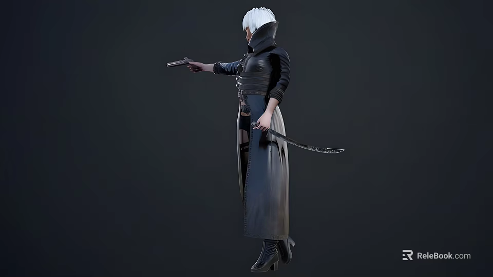White Haired Woman Wearing Black Bodysuit Long Coat Holding Gun and Sword on Dark Background 3d model 