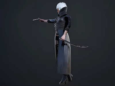White Haired Woman Wearing Black Bodysuit Long Coat Holding Gun and Sword on Dark Background 3d model