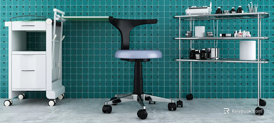 Medical Devices in Clinical Setting With Teal Tiled Wall Ergonomic Chair And Mobile Cart 3d model 
