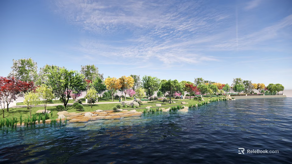 Waterfront Landscape Design with Calm Water Green Trees Colorful Foliage and Natural Shoreline 3d model 