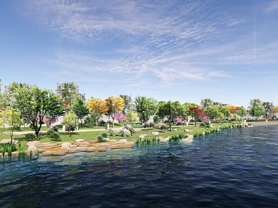 Waterfront Landscape Design with Calm Water Green Trees Colorful Foliage and Natural Shoreline 3d model