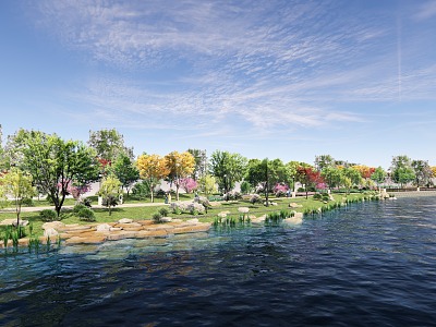 Modern park riparian landscape model