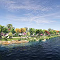 Waterfront Landscape Design with Calm Water Green Trees Colorful Foliage and Natural Shoreline