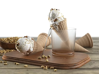 Rustic Decorative Ornament Set With Ice Cream Cones Glass Cup Wooden Board And Nuts 3d model