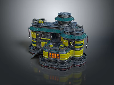 Futuristic Yellow And Black Multi Level Building Structure With Rounded Tops Platforms And Mechanical Details 3d model