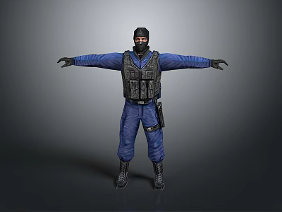 Tactical Figure In Blue Uniform With Black Vest And Mask Arms Outstretched 3d model