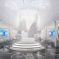 Elegant Banquet Hall Interior With White Decor Crystal Chandelier Blue Floral And Stage
