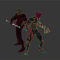 Black and Red Armored Characters and Creatures With Weapon and Clawed Hands Standing Together