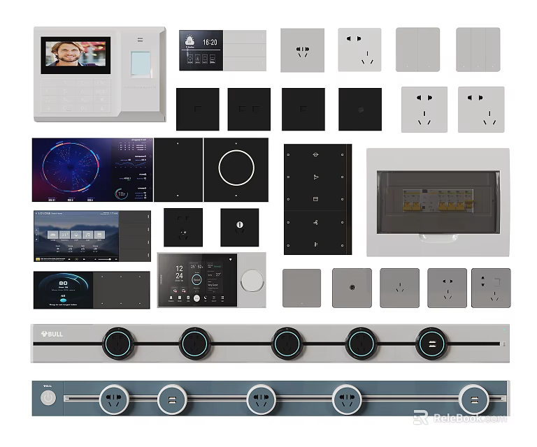 Modern Switch Panels Featuring Various Designs Black White Gray And Different Control Styles 3d model 